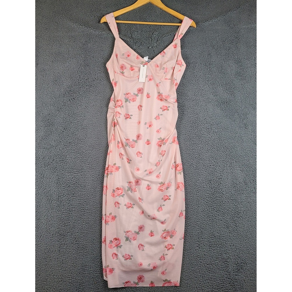 Mare Mare Anthropologie Pink Rose Floral Mesh Ruched Midi Dress NWT Size M